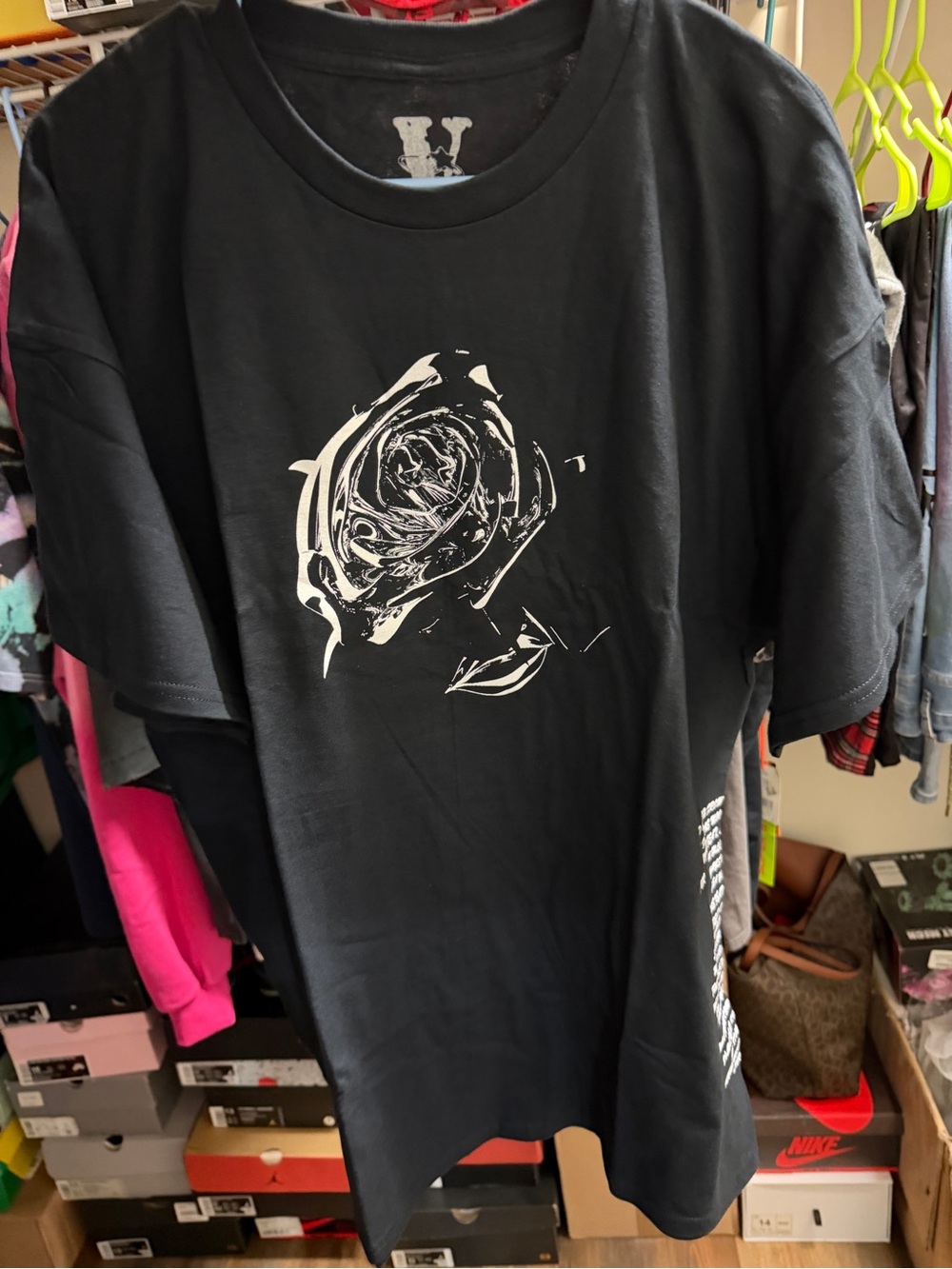 VLONE Black Tee with White Abstract Rose Graphic